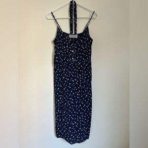 Vtg Garreau Navy Blue & White Graphic Print Sleeveless Dress with Matching Belt